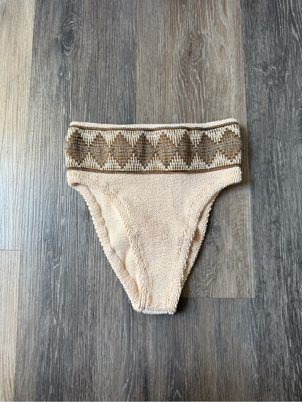 New Elysian High-Rise Cream Terry Bikini Bottom with Brown Geo Trim One Size